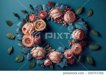 Composition of flowers. A frame of dried pink flowers. Illustration AI Generative 100755308