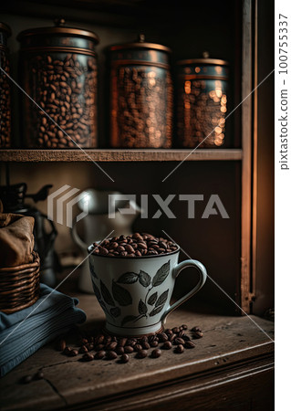 Coffee Beans in a copper mug on a shelf in a rustic kitchen. Illustration AI Generative 100755337