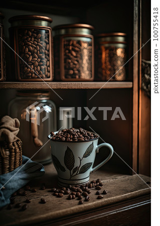 Coffee Beans in a copper mug on a shelf in a rustic kitchen. Illustration AI Generative Coffee Beans in a copper mug on a shelf in a rustic kitchen. Illustration AI Generative 100755418