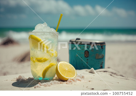 Cold drink with ice and a slice of lemon on the beach. Illustration AI Generative Cold drink with ice and a slice of lemon on the beach. Illustration AI Generative 100755452