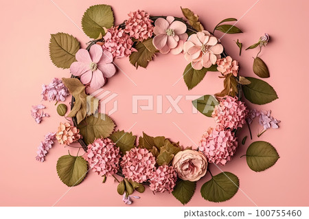 Composition of flowers. A frame of dried pink flowers. Illustration AI Generative Composition of flowers. A frame of dried pink flowers. Illustration AI Generative 100755460