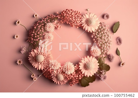 Composition of flowers. A frame of dried pink flowers. Illustration AI Generative Composition of flowers. A frame of dried pink flowers. Illustration AI Generative 100755462
