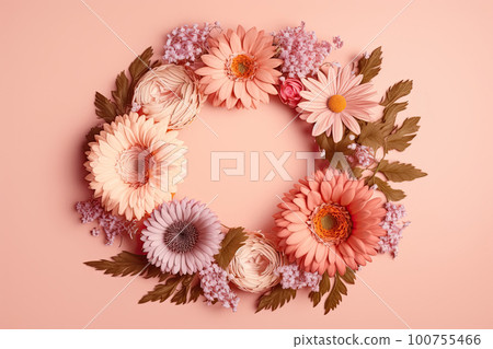 Composition of flowers. A frame of dried pink flowers. Illustration AI Generative 100755466