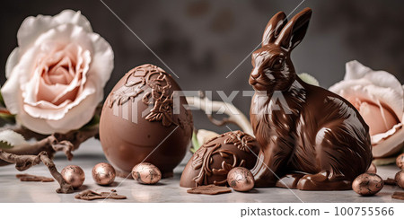chocolate bunny and easter eggs on a bird's nest,  100755566