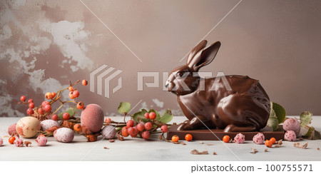 chocolate bunny and easter eggs on a bird's nest,  100755571