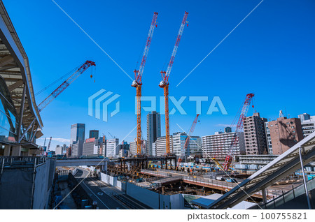 Shinagawa building construction, Takanawa gateway, Shinagawa, clear weather, Route 15, Tokyo's cityscape 100755821