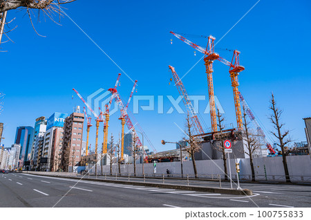Shinagawa building construction, Takanawa gateway, Shinagawa, clear weather, Route 15, Tokyo's cityscape 100755833