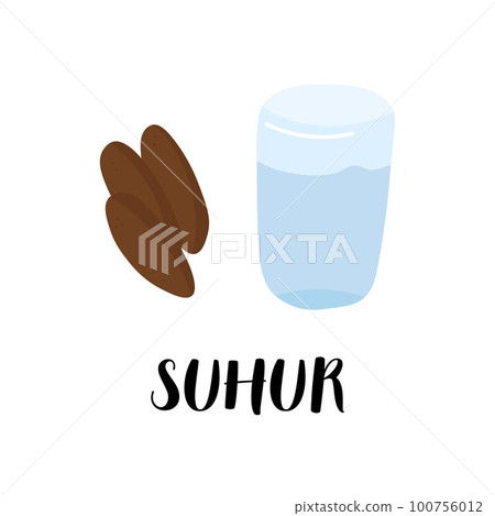 Suhur ramadan breakfast with water and dates. Muslim fasting family illustration. Suhur ramadan breakfast with water and dates. Muslim fasting family illustration. 100756012