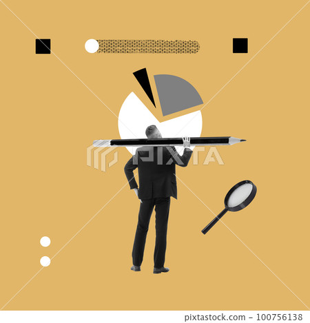 Businessman standing with giant pencil and looking at financial analytics. Taking risks. Contemporary art collage. Conceptual design. 100756138