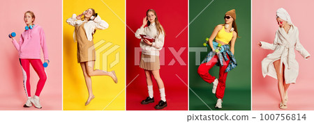 Collage made of portraits of emotional young girl in different fashion style clothes over colored backgrounds. Concept of happiness, positive emotions, education and hobbies 100756814