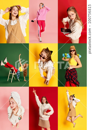 Collage. Set of portrait of happy young beautiful girl in different fashion style clothes over multi colored backgrounds. Concept of happiness, human emotions, education, hobbies 100756815