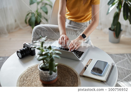 Young woman designer or freelancer working at home using computer sitting at table at home Young woman designer or freelancer working at home using computer sitting at table at home 100756932