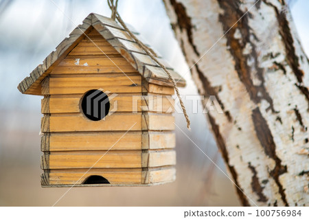 Small wooden bird house hanging on a tree branch outdoors. 100756984