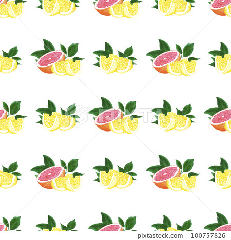 Hand drawn watercolor grapefruit and lemon slices with green leaves seamless pattern on white background. Scrapbook, post card, textile, fabric. Hand drawn watercolor grapefruit and lemon slices with green leaves seamless pattern on white background. Scrapbook, post card, textile, fabric. 100757826