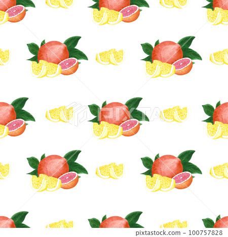 Hand drawn watercolor grapefruit orange and lemon with green leaves seamless pattern on white background. Scrapbook, post card, textile, fabric. Hand drawn watercolor grapefruit orange and lemon with green leaves seamless pattern on white background. Scrapbook, post card, textile, fabric. 100757828
