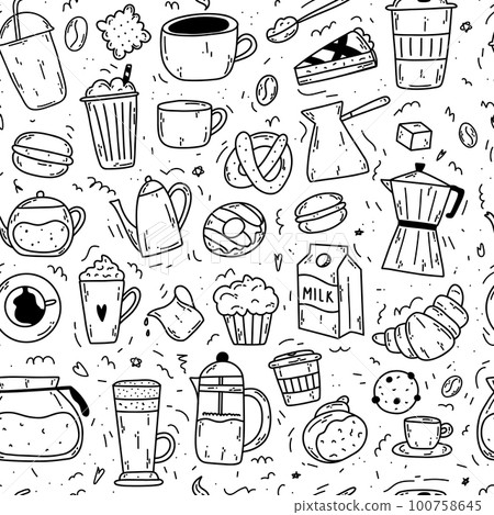 Seamless pattern with doodle coffee items as coffee makers, cups, bakery, milk, cookies, croissant, donut, macaron for wrapping paper, textile, print, poster menu 100758645
