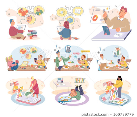 Children at home with phones and tablets set. Kids remote education, toddlers use smart technologies Children at home with phones and tablets set. Kids remote education, toddlers use smart technologies 100759779