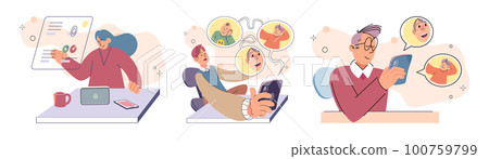 Children at home with phones and tablets set. Kids remote education, toddlers use smart technologies 100759799