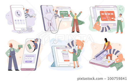 Hacker activity big set. Hacking computer. Phishing account, cyber attack on personal data 100759841