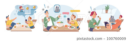 Children at home with phones and tablets set. Kids use gadgets lying in bed before going to sleep 100760009