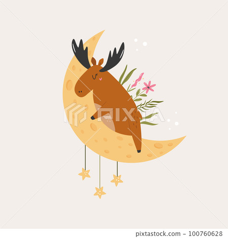 Cute moose sleeping on the moon. Adorable animal vector design, illustration Cute moose sleeping on the moon. Adorable animal vector design, illustration 100760628