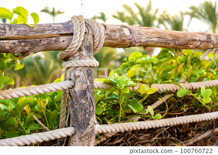 Closeup of old wooden fence covered with cloth ropes and green vegetation. Closeup of old wooden fence covered with cloth ropes and green vegetation. 100760722