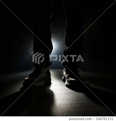 Foot forward illuminated by lights in the dark "AI-generated image" 100761151