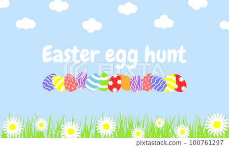 Vector illustration. Easter egg hunt banner design. Blue background, clouds, grass, daisies, Easter eggs 100761297