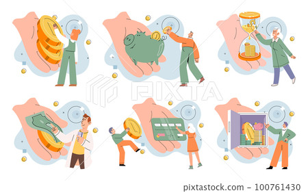 Golden coins pile, magnet and money. Financial literacy metaphor for passive income vector set 100761430