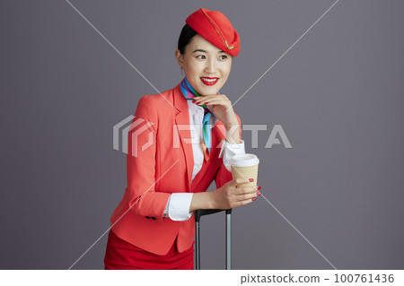 asian female air hostess looking at copy space against grey 100761436