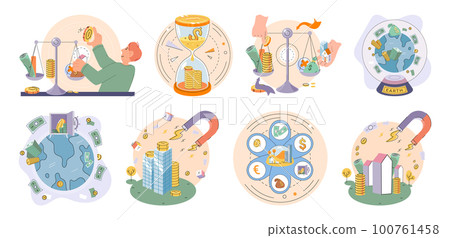 Businessman investor with coins. Employee or entrepreneur puts money in piles, calculates profit 100761458