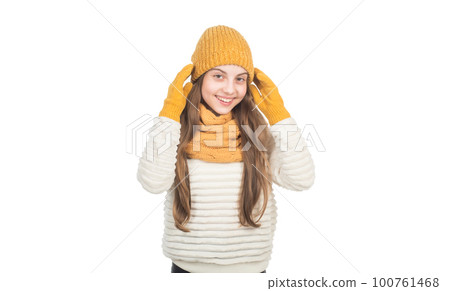 happy teen girl in knitted hat scarf and gloves warm clothes isolated on white, warm 100761468