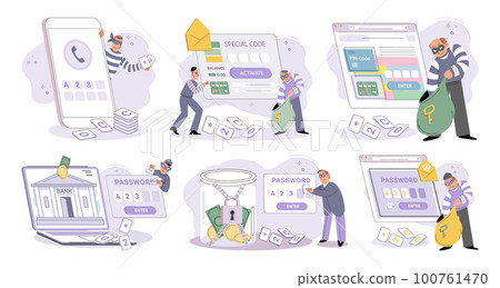 Hacker activity big set. Hacking computer. Phishing account, cyber attack on personal data 100761470