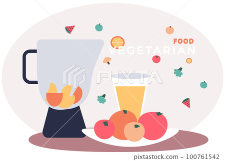 Blender with juicy fruits. Smoothie recipe with fresh apples on plate. Healthy vegetarian food 100761542