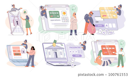 Hacker activity big set. Hacking computer. Phishing account, cyber attack on personal data 100761553