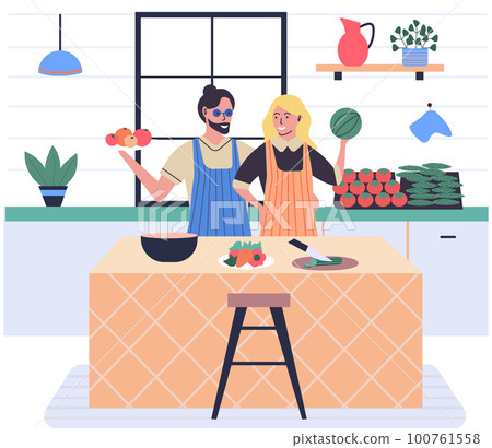 Happy couple cooking vegetable salad together. People preparing healthy food on kitchen table 100761558