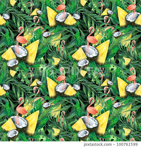 Tropical leaves with pineapples, coconuts and pink flamingos on a dark background. Watercolor illustration. Seamless pattern from the BEACH BAR collection. For fabric, textile, wallpaper, packaging. Tropical leaves with pineapples, coconuts and pink flamingos on a dark background. Watercolor illustration. Seamless pattern from the BEACH BAR collection. For fabric, textile, wallpaper, packaging. 100761599
