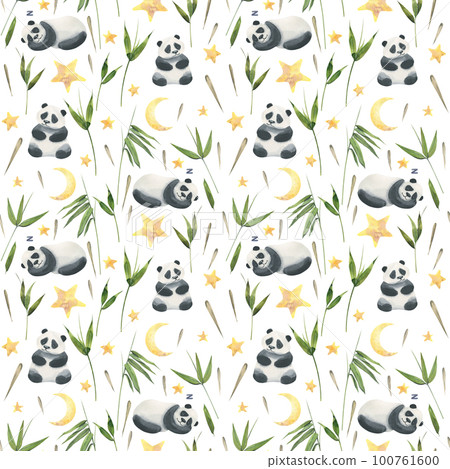 Cute panda sleeping and sitting among bamboo leaves and seeds with stars and moon. Watercolor illustration. Seamless pattern on a white background from the BAMBOO collection. For decoration, design Cute panda sleeping and sitting among bamboo leaves and seeds with stars and moon. Watercolor illustration. Seamless pattern on a white background from the BAMBOO collection. For decoration, design 100761600