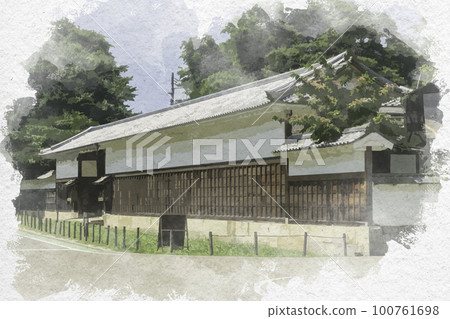 滋賀縣彥根市舊西鄉宅邸的水彩風格彥根城長屋門 100761698