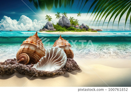 Landscape with seashells on tropical beach - summer holiday illustration generative ai Landscape with seashells on tropical beach - summer holiday illustration generative ai 100761852