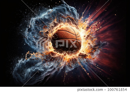 Basketball going through the basket, top view, exploding galaxy background illustration generative ai 100761854