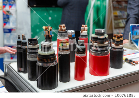 Cross section of high-voltage power cable in the section in the showcase of the exhibition. 100761883