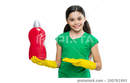 photo of positive girl cleaner with detergent. girl cleaner with detergent isolated on white. 100761993