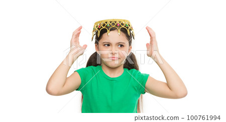 Lady little princess. Royal family. Behaving like princess is work. Kid wear golden crown symbol of princess. Girl cute child wear crown. Childhood concept. Every girl dreaming to become princess 100761994