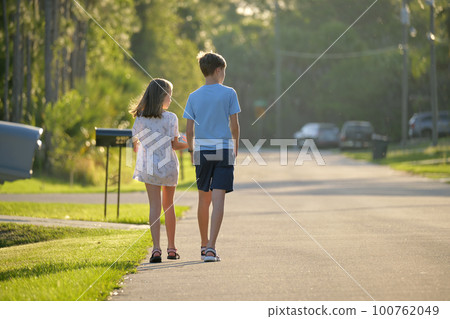 Back view of two young teenage children, girl and boy, brother and sister walking together on suburban street on bright sunny evening 100762049