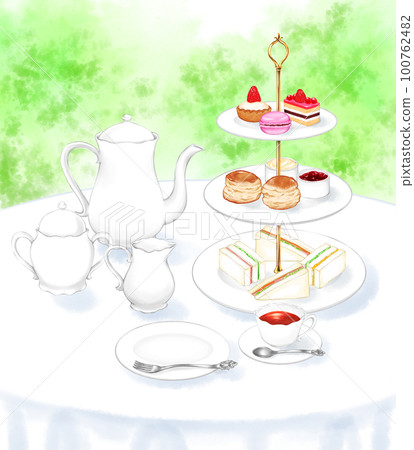 手繪水彩下午茶和花園 100762482