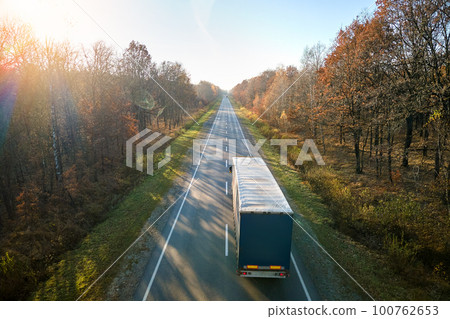 Aerial view of semi-truck with cargo trailer driving on highway hauling goods in evening. Delivery transportation and logistics concept 100762653