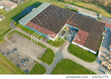 Aerial view of modern factory structure for production and distribution of industrial equipment. Concept of global industry 100762774