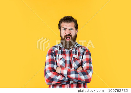 oh no. brutal caucasian hipster with moustache. Male barber care. fashion model in casual style. Bearded man. Hair and beard care. Mature hipster with beard wear checkered shirt 100762783