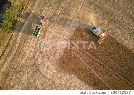 Aerial view of combine harvester and cargo trailer working during harvesting season on large ripe wheat field. Agriculture and transportation of raw grain concept Aerial view of combine harvester and cargo trailer working during harvesting season on large ripe wheat field. Agriculture and transportation of raw grain concept 100762927